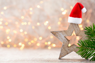 Christmas stars decoration with santa hat. Vintages background.