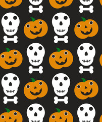 Halloween seamless funny patter with orange halloween pumpkins and skull carved faces silhouettes. Can be used for scrapbook digital paper, textile print, page fill. Cartoon style.