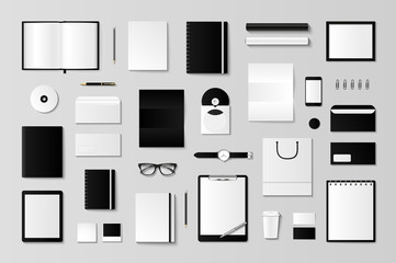 Corporate identity template set. Business stationery mock-up with logo. Branding design. Notebook, card, catalog, pen, pencil, badge, tablet pc mobile phone letterhead