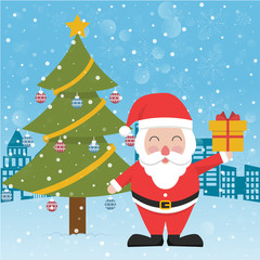 Santa Claus next to Christmas tree with gift box