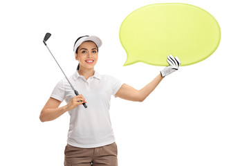 Female golfer holding golf club and speech bubble