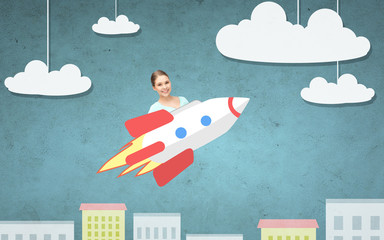 teen girl flying on rocket above cartoon city