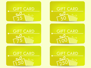 Gift card with a gift box. Realistic gift card with a gradient background color. Set of vector illustrations.