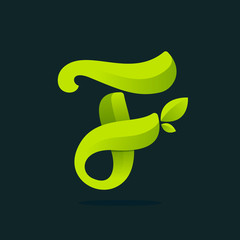 F letter logo with green leaves.