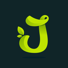Fototapeta premium J letter logo with green leaves.