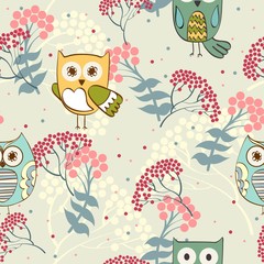 Cute floral seamless pattern with owl and rowan