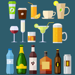 Drinks, bar, set,  flat, coffee, tea, wine, beer, juice