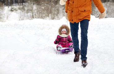 father pulling sled with happy child in winter