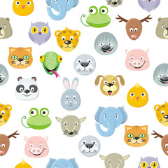 Fototapeta premium Seamless Pattern Animal Faces Set. Cartoon Masks