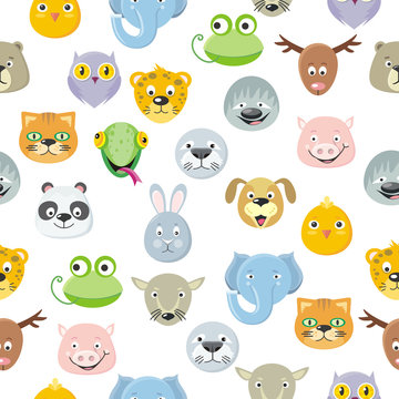 Seamless Pattern Animal Faces Set. Cartoon Masks