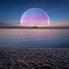 Fototapeta na wymiar Idyllic fantasy scenery with ocean and planet on horizon