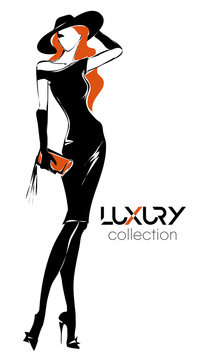 Fashion black and white woman silhouette, redhead model with orange logo background, vector