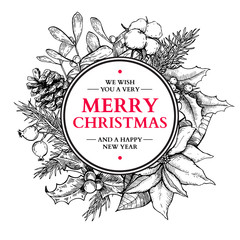 Christmas wreath. Vector hand drawn illustration with holly, mis © Maria.Epine