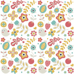 Seamless cute spring pattern made with bird, flowers, plants, strawberry, cherry, berries, leaves, nature