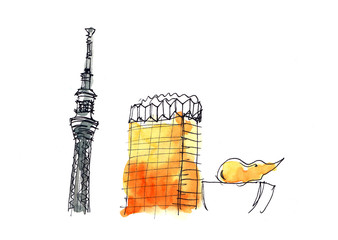 Asahi Beer hall and Tokyo sky tree skyline watercolor illustrati