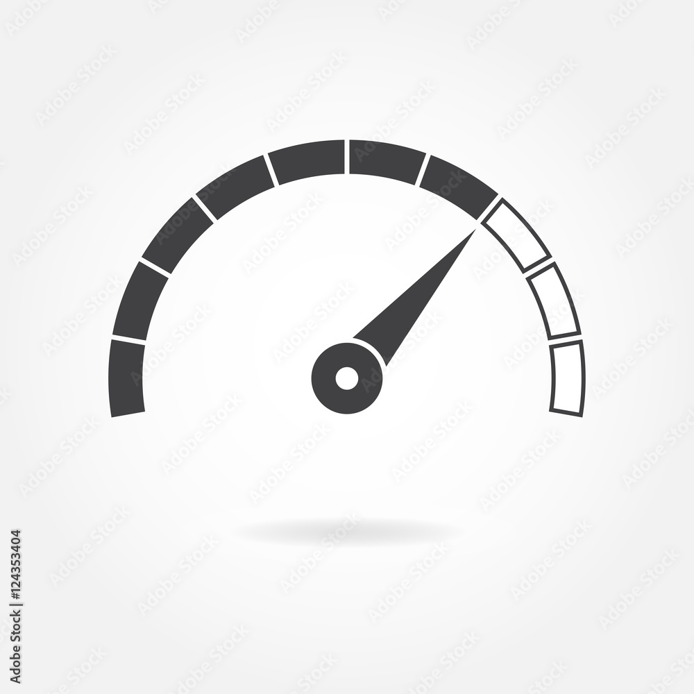 Poster speedometer icon or sign with arrow. infographic gauge element. vector symbol. black tachometer isol