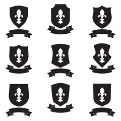 Shields and stylish ribbon set isolated on white background. Different shield shapes collection. Heraldic royal design. Vector illustration.