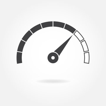 Speedometer icon or sign with arrow. Infographic gauge element. Vector symbol. Black tachometer isolated on white background. 