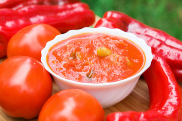 Hot peppers in tomato sauce with herbs and garlic
