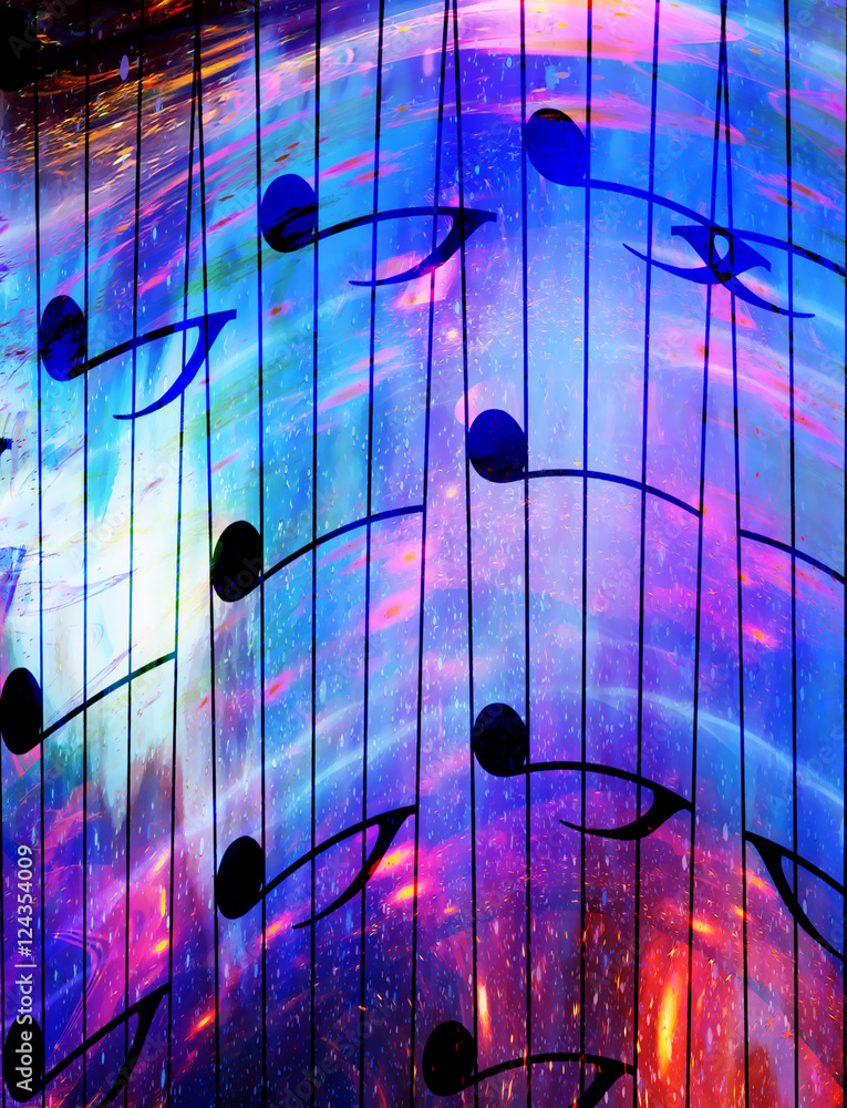 Poster music notes in space with stars. abstract color background. music concept.