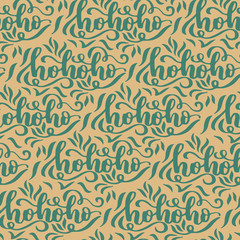 Vector seamless pattern with hohoho calligraphy on beige background. Christmas wrapping and textile design.