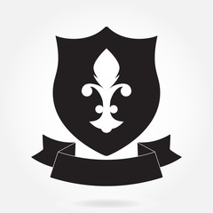 Shield and stylish ribbon isolated on white background. Black shield shape. Heraldic royal design. Vector illustration.