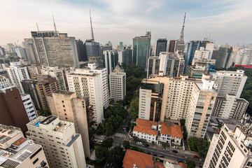 Fototapeta na wymiar Aerial view of buildings around Paulista Avenue in Sao Paulo City