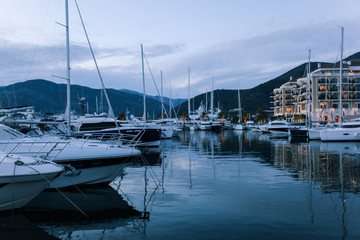 Sailing Boats in Marina at Sunset. Tivat. Montenegro