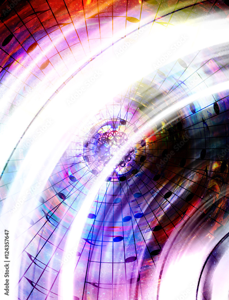 Poster music notes in space with stars. abstract color background. music concept.