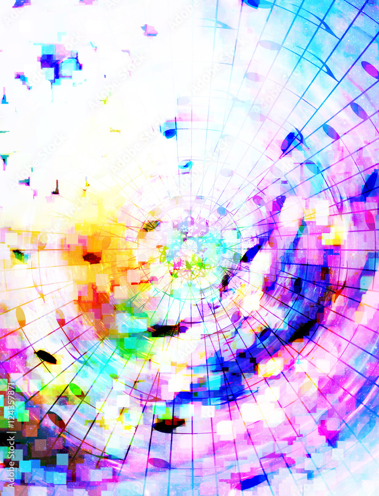 Poster background with colorful mosaic structure and music note. computer graphic design.
