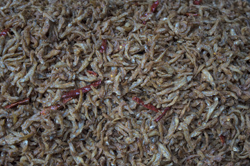 Small fish fritters. Sales at Sam Chuk market hundreds of years. Suphnburi, Thalland