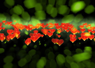 Red gem hearts isolated on dark and brigh bokeh background. Geometric rumpled triangular low poly style graphic 3d render illustration. Raster polygonal design for your business