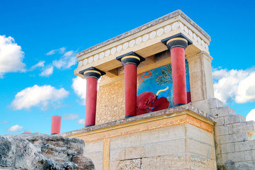 Ancient North Entrance to the Knossos palace with charging red b