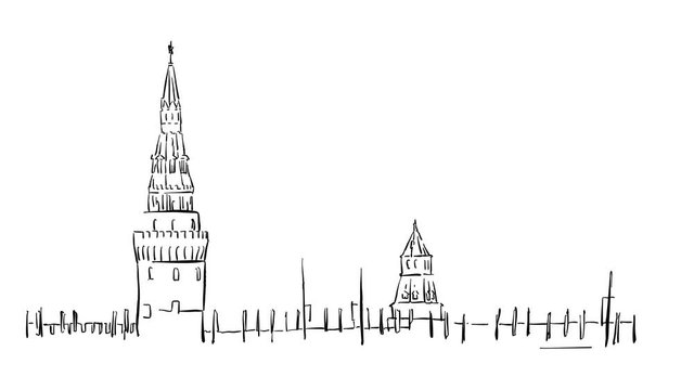 Moscow Kremlin Outline Timelapse sketch on White, Sketched Outline Drawing Animation Footage