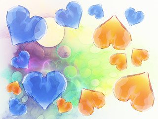 Red and blude gem hearts isolated on bright abstract background. Geometric rumpled triangular low poly style graphic 3d render illustration. Raster polygonal design for your business