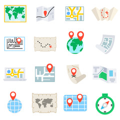 World map, icons set. Maps of the earth, flat design. Geographic map, symbols collection. Geography and map location, isolated vector illustration. Maps of different shapes.