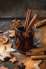 Hot red mulled wine with cookies 