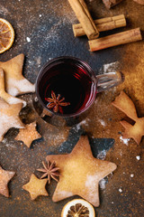 Hot red mulled wine with cookies 