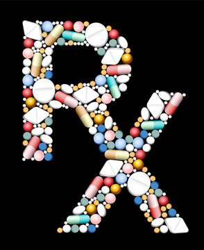 RX - symbol for medical prescription - composed if pills and capsules.