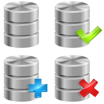 Metallic database icons isolated on white background.