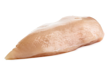 Whole skinned deboned raw chicken breast isolated on white.