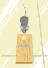 cocked mousetrap with cheese catching a mouse on the floor