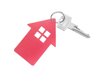 Key and keychain in the shape of a house.
