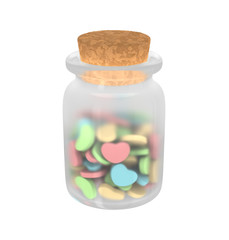 Isolated closeup of medicine glass bottle with colorful heart shaped love pills.