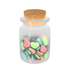 Isolated closeup of medicine glass bottle with colorful heart shaped love pills.
