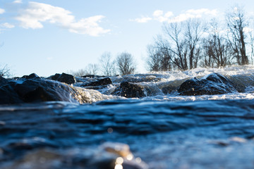 Nahaufnahme eines Flusses mit Bäumen im Hintergrund