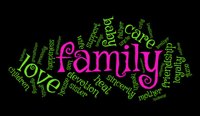 Pink and green family word cloud on black background, social concept.