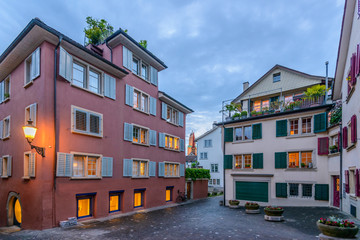 Apartment building at dusk, night in Zurich, Switzerland.
