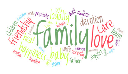 Fototapeta na wymiar Colored family word cloud on white background, social concept.