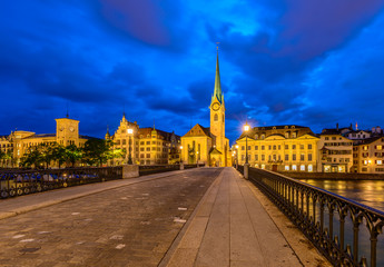 Naklejka premium Night view of historic Zurich city center on summer, Canton of Zurich, Switzerland.